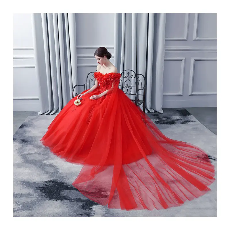 9126 패션 섹시 오프 숄더 레드 로즈 신부 레이스 바닥 길이 야외 웨딩 드레스