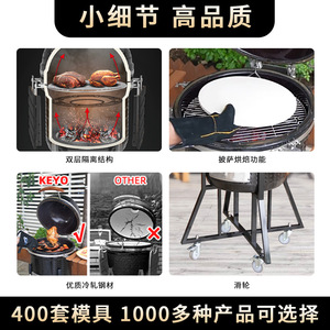 22-Inch Round Ceramic Grill Portable Smoker Outdoor BBQ Grill With Side Shelves And Wheels - Product Image 2