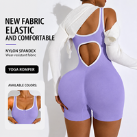 Combinaison de yoga une pièce côtelée pour femme avec logo personnalisé, tenue de sport dos nu, ensemble short et body de gym
