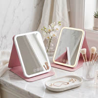 Miroir de maquillage portable pliable en cuir avec éclairage tactile rechargeable, 3 couleurs de lumière et gradation progressive