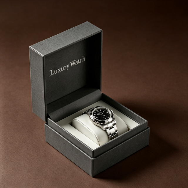 OEM High-End Luxury Flip Watch Box Silver Foil Logo Bronzing Stamping Foam Insert Eco-Friendly Rigid Cardboard Packaging Watch