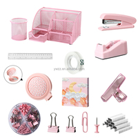 Ensemble d'accessoires de bureau en métal violet, rose et vert 11-en-1 en gros, comprenant un porte-stylo, des blocs-notes adhésifs, un porte-ruban adhésif, un organiseur de bureau transparent