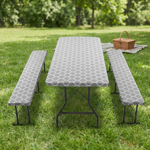 Funda para Mesa Rectangular <span class=keywords><strong>de</strong></span> 6 Pies para Exteriores, Impresa, Juego <span class=keywords><strong>de</strong></span> 3 Piezas, PEVA Elástica, Ajustable + 2 <span class=keywords><strong>Fundas</strong></span> para Bancos, Ecológica y Personalizable - Product Image 1