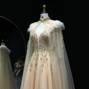 Sharon s594 فستان سهرة فاخر مطرز بالخرز الذهبي ريشة دبي برأس نسائي أنيق فستان حفلات زفاف s7.5 - Product Image 5