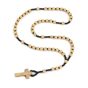 Komi 2023 nouveaux colliers de perles en bois naturel tissés à la main pendentifs croisés colliers chapelet bijoux vente en gros transfrontalière