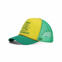 Gorras Trucker Personalizadas de 5 Paneles con Malla de Espuma Retro Amarillo Verde, Estampadas con 'Camp Know Where' y Cuerda Tejida, para Verano, Venta al por Mayor
