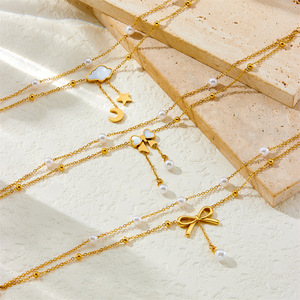 Tobillera de Dos Capas con Diseño de Estrella, Luna y Nube, Chapada en Oro, Acero Inoxidable, Incrustaciones de Concha, Colgante de Perla Sintética, Estilo Minimalista - Product Image 5