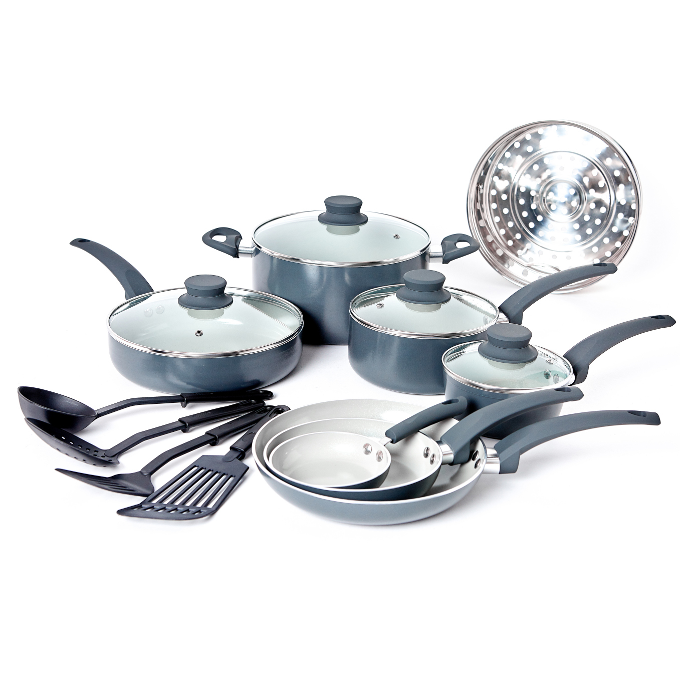 16pcs Light Grey Aluminum Nonstick Cookware Set with Cooking Tools Modern Design Eco-Friendly Multifunctional Metal Kitchenware