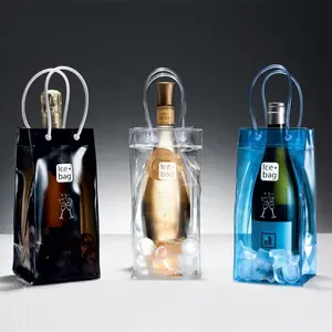 2021 Hot selling Collapsible Clear Ice Wine Bag Pouch Wine Cooler Bag Transparent Reusable PVC Wine Pouch Bags