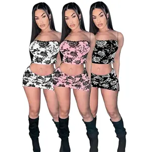 wholesale summer 2024 Y2K modest women female ladies sexy pink crop tank top 2 piece mini skirt set club wear clothing for women