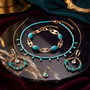 قلادة خانقة من الأحجار الطبيعية بأسلوب بوهيمي عتيق، قلادة قابلة للتعديل من الخرز الفيروزي - Product Image 2