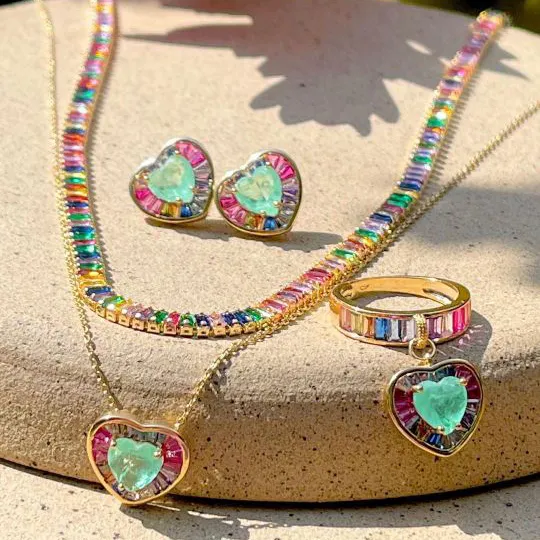 Aotu factory conjutos semijoias rainbow zirconia aquamarine fusion heart jewelry sets