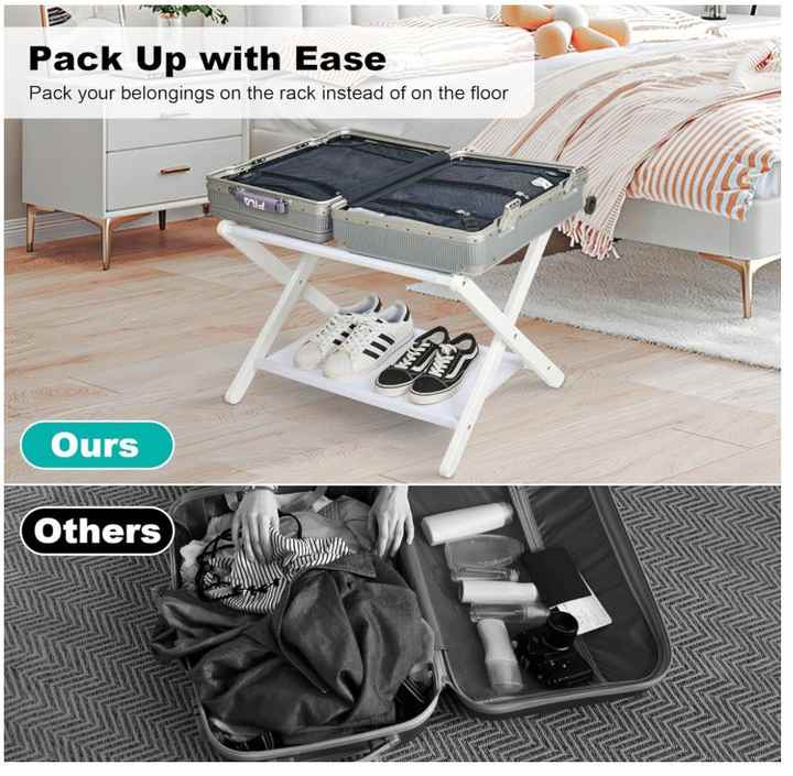 Custom Luggage Rack Folding Suitcase Stand with Storage Shelf Bamboo ...