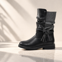 Bottes mi-mollet noires tendance pour filles, bottes en cuir PU brillant pour enfants avec pompon scintillant