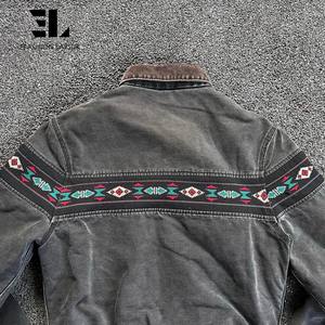 Jaket Kerja LARSUR Custom Distress Wash Heavy Duck Canvas dengan Cetakan Aztecs, Gaya <span class=keywords><strong>Western</strong></span> Cowboy Tribal Navajo, Jaket Kerja untuk Pekerja - Product Image 4
