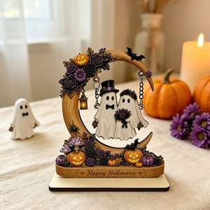 Letrero de Madera para Mesa de Halloween, Adorno de Escritorio con Figura de Pareja de Fantasmas en Columpio y Luna Floral, Decoración <span class=keywords><strong>Pastel</strong></span> para el Hogar en Halloween - Product Image 2
