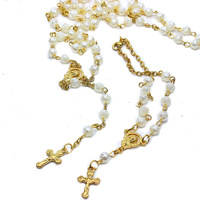 (Boîte) Collier chapelet rose doré Perles roses Bijoux croix chapelet