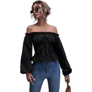 Women's Blouses Fashion Off Shoulder Lace Up Shirred Back Peplum Top Ladies Slim Fit Casual Clothes