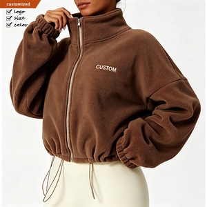Veste en molleton courte pour <span class=keywords><strong>femme</strong></span>, coupe ample, manches longues, col montant, fermeture éclair, sweat-shirt de sport pour le yoga, la gym, l'entraînement et les tenues décontractées - Product Image 1