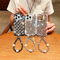 TPU de luxe haut de gamme pour iPhone 16 Pro Max pour iPhone 15 pour iPhone 14 étui de téléphone portable stéréo strass poignée de téléphone pour femmes