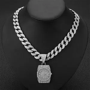 Trend Hip Hop Punk Style Jewelry Bling Iced Out Cuban Chain With Big Watch Pendant Necklace For Men