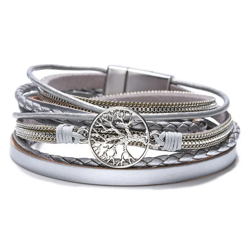 new bracelet women's bohemian style freshwater pearl lucky tree creative retro magnetic snap leather bracelet