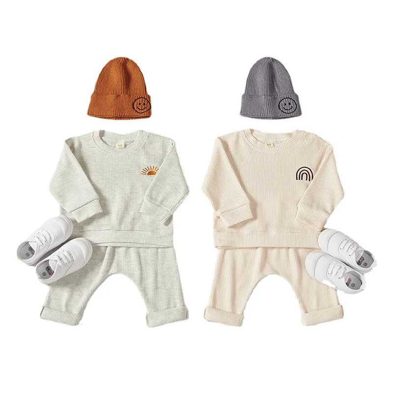 Best Selling Waffle Cotton Baby Girl Boy Clothes Set Rainbow Embroidery Infant Kids Tracksuit