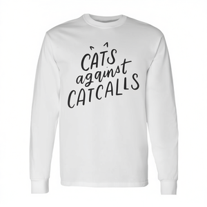 T-shirt a maniche lunghe Cats Against Catcalls, girocollo in cotone unisex, abbigliamento ecologico per attivisti - Product Image 2
