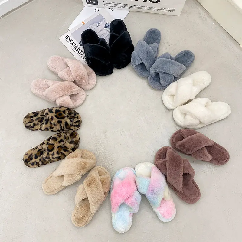 Custom new furry home outdoor fuzzy slides high quality warm women thick-soled cross-hair Europe and America Amazon slippers