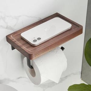 Wall Mounted Toilet Paper Holder With Wooden <b>Shelf</b> Minimalist Design For Bathroom Use - Product Image 3