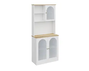 豪华独立式白色自助储物厨房餐具室橱柜，带微波炉支架玻璃门