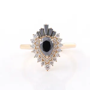 Provence gem 14k pure gold 1ct black pear moissanite vintage engagement ring with lab diamond pave halo ring