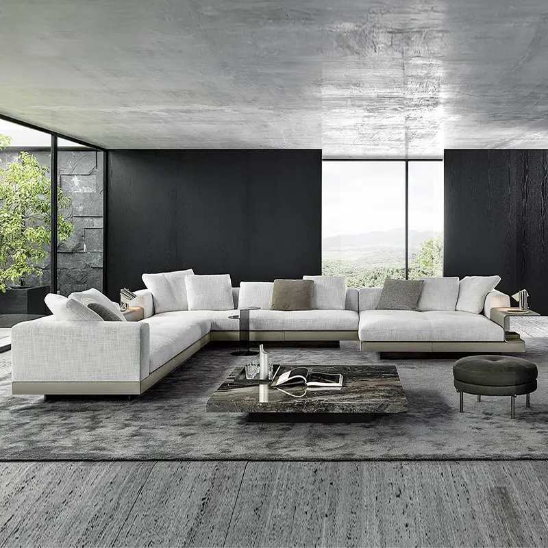 OKF personalizado marco de madera maciza de alta gama de algodón y tela de lino italiano minimalista de lujo aofa seccional en forma de L sofá moderno