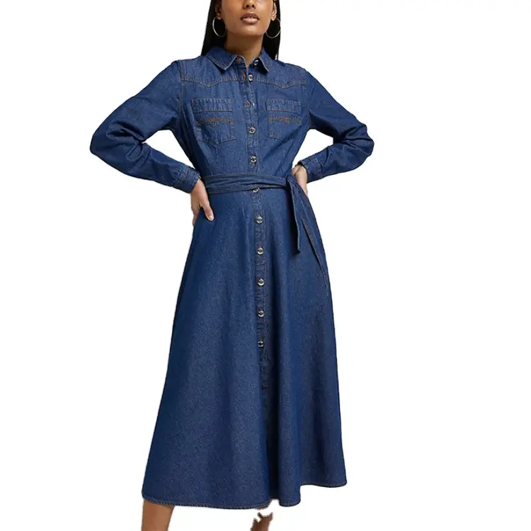 fashion wholesale ladies girls long jean dress elegant customized long sleeve denim shirt dresses women casual