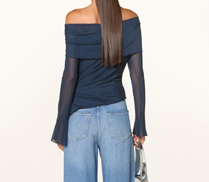 <span class=keywords><strong>Blusa</strong></span> Asimétrica de Manga Larga con Malla Transparente y Fruncido para Mujer, Moda Sostenible - Product Image 3