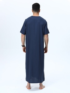 Thobe en coton bleu marine pour homme, manches courtes, longueur au sol, col rond, coupe ample, décontracté, à porter tous les jours, toutes saisons, couleur unie - Product Image 6