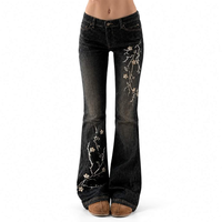 Celana Jeans Wanita Vintage Hitam-Abu-abu Model Skinny Flare dengan Bordir Ranting Bunga Putih yang Halus Gaya Y2K Kasual Musim Panas