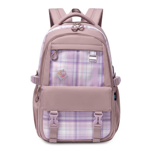 Purple Plaid Student <b>Backpack</b> <b>Waterproof</b> <b>School</b> Bag Large Capacity Zipper Bookbag for Girls - Product Image 5