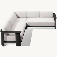 Canapé d'extérieur modulaire RH Dune Teak en forme de L, avec coussins en tissu crème sur structure en teck massif, ensemble de patio moderne
