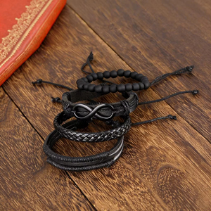 Vintage Unisex Women <b>Men</b> Black Bead PU Leather Bracelets Fashion Hollow Triangle Multi Layer Bracelet Tribal Wrap Jewelry - Product Image 3