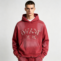 Sweat à capuche vintage pour homme, effet vieilli, ourlet effiloché, imprimé craquelé, lettres en strass