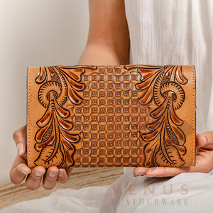 High Quality Women's Genuine Leather Purse Wallet Fashionable <b>Long</b> Design Clutch <b>Bag</b> with Open Closure and Decorative Feathers - Product Image 3