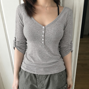 <b>Womens</b> Casual Solid Color Logo Knitted <b>Henley</b> Shirt Slim Fit Button Front Long Sleeve Basic Everyday <b>Top</b> Versatile Streetwear - Product Image 5