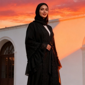 1963# New Smooth Nida Material Super Black Modest Breathable <b>MAXI</b> Chiffon Pleated Big Cuff Women Eid Abaya - Product Image 1