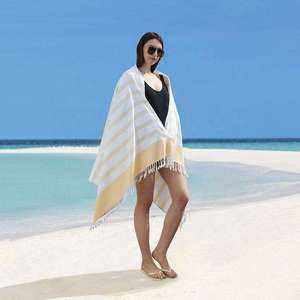 Serviette de plage d'été personnalisée de haute qualité en gros, deux couleurs, en tissu éponge rayé avec franges et pompons, sans sable, en coton - Product Image 4