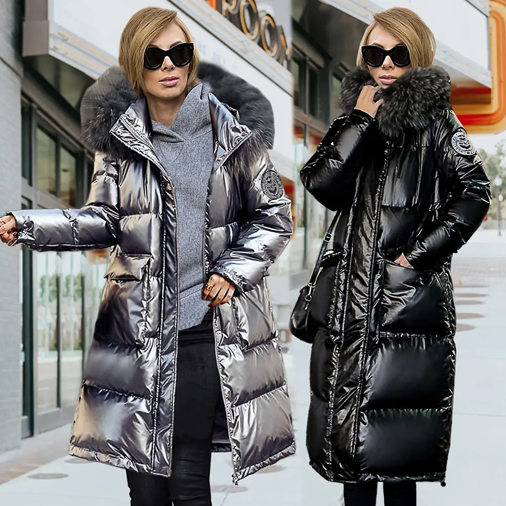 Winter Women'S Long Down Jacket Padded Coat Ladies Slim Hooded Parka Waist Coats Mid-Length Thick Padded Coat With Fur Hood