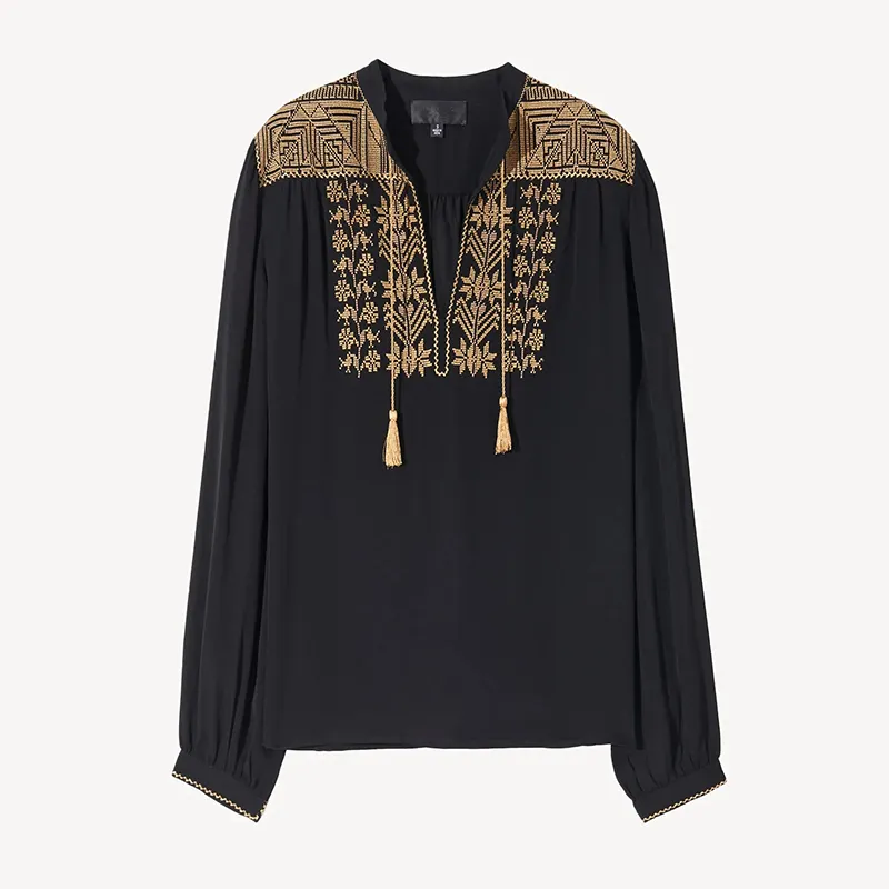 OEM women casual drop shoulder elegant silk blouse lurex gold embroidered long sleeve top STB9052A