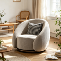 Fauteuil décontracté de luxe léger, inspiré des designers, en tissu nordique, pivotant, une place, pieds en bois, haute élasticité, pour salons