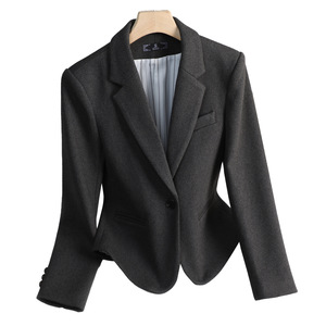 Women's Grey Plaid Suit Jacket Medium Thickness Polyester Worsted Professional Style Spring Autumn Short Top Petite Casual - Product Image 5