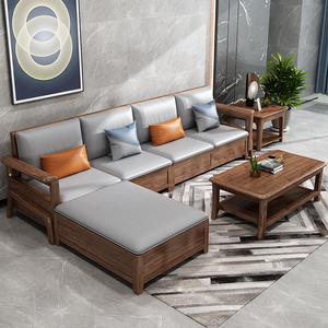 Set di Divani <span class=keywords><strong>in</strong></span> Pelle con Struttura <span class=keywords><strong>in</strong></span> <span class=keywords><strong>Legno</strong></span> di Teak Massiccio Intagliato, 7 Posti, Fatto a Mano, Design per Arredamento Soggiorno - Product Image 2